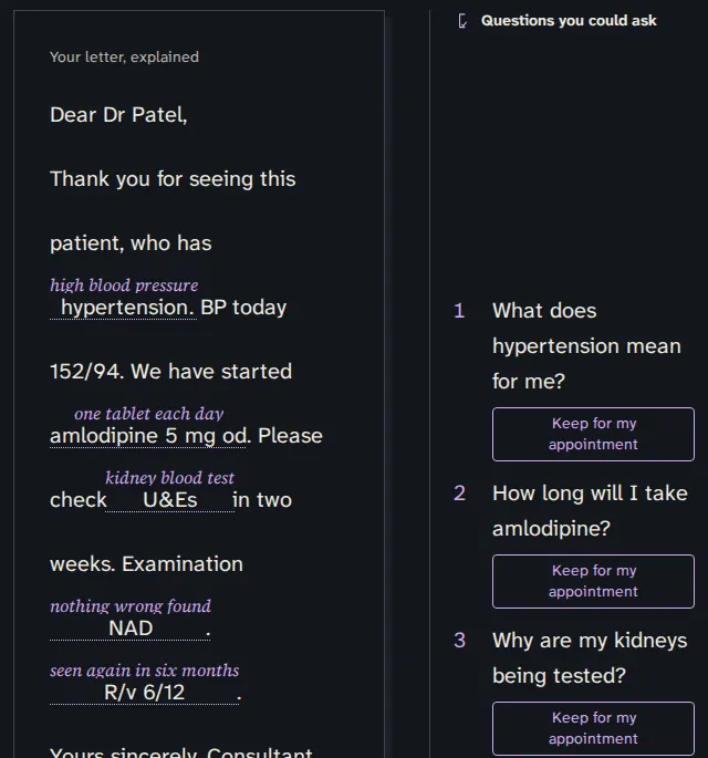 The letter reader screen. A clinic letter with plain English written between its lines and a column of questions in the margin, each with a button to keep it for the appointment.