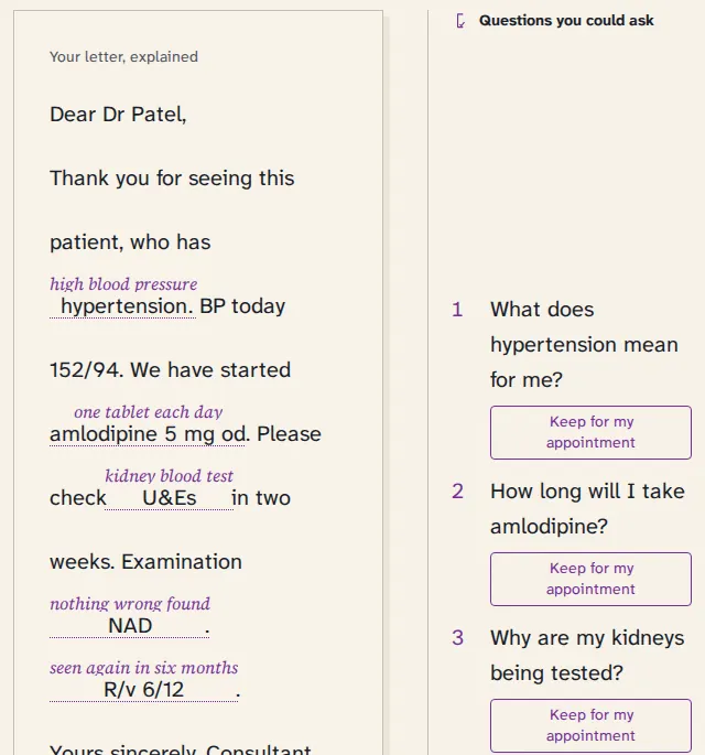 The letter reader screen. A clinic letter with plain English written between its lines and a column of questions in the margin, each with a button to keep it for the appointment.