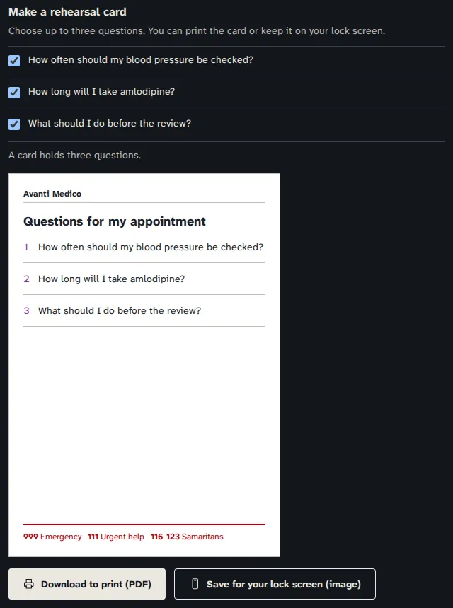 The rehearsal card screen. Three questions are ticked, and below them a card headed Questions for my appointment lists the three, with buttons to download it to print or save it for the lock screen.