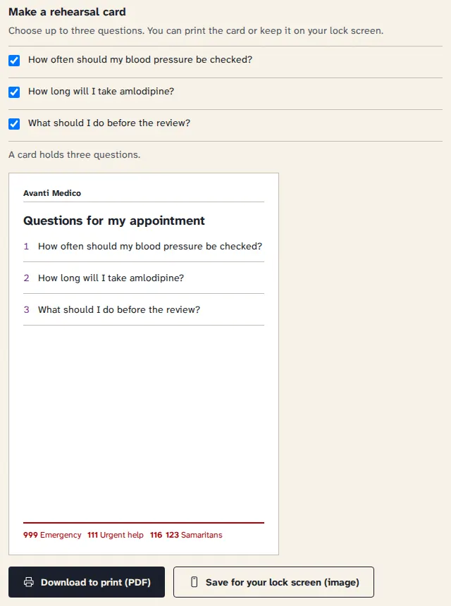 The rehearsal card screen. Three questions are ticked, and below them a card headed Questions for my appointment lists the three, with buttons to download it to print or save it for the lock screen.