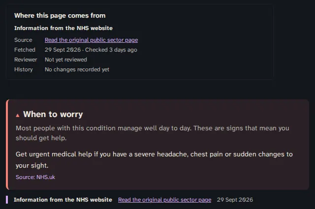 The foot of a condition page. A box headed Where this page comes from shows the label Information from the NHS website, a link to the original page, the date it was fetched, how recently it was checked, the reviewer and the history. Below it, a panel headed When to worry.