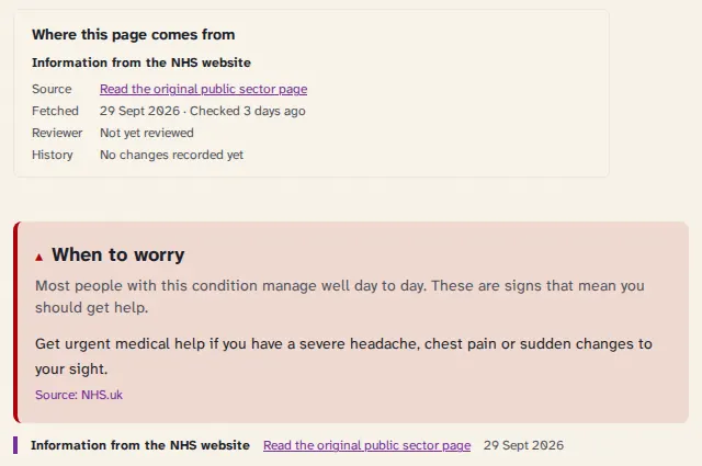 The foot of a condition page. A box headed Where this page comes from shows the label Information from the NHS website, a link to the original page, the date it was fetched, how recently it was checked, the reviewer and the history. Below it, a panel headed When to worry.
